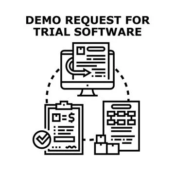 Requesting trial software demonstration and product evaluation process 库存插图
