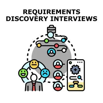 Requirements discovery interviews process and data analysis concept Stock Illustration