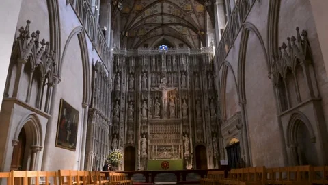 Reredos and High Altar inside St Albans Cathedral Nave Stock Footage 345011665