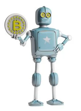 Rero Robot holding Bitcoin. Isolate on white. Crypto Currency. Stock Photos