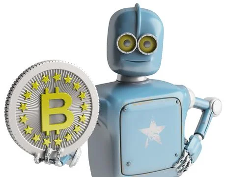 Rero Robot holding Bitcoin. Isolate on white. Crypto Currency. Stock Photos