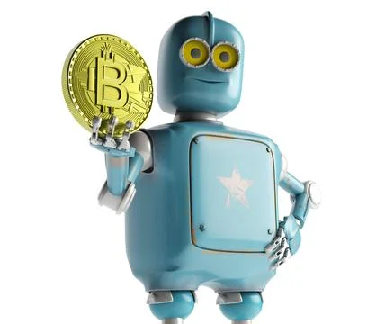 Rero Robot holding Bitcoin. Isolate on white. Crypto Currency. Stock Photos