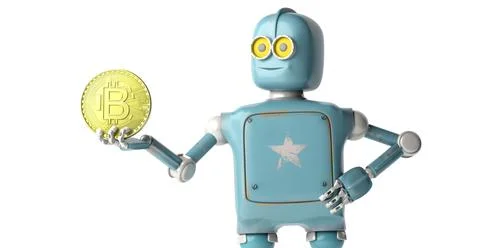Rero Robot holding Bitcoin. Isolate on white. Crypto Currency. Stock Photos