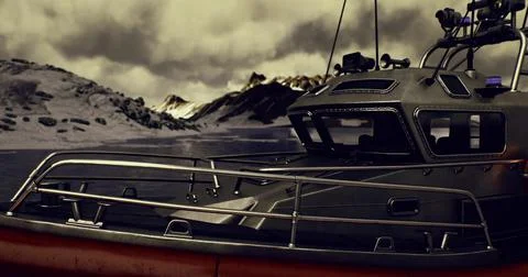 Rescue boat preparing for action in rugged coastal landscape under cloudy sky 스톡 일러스트
