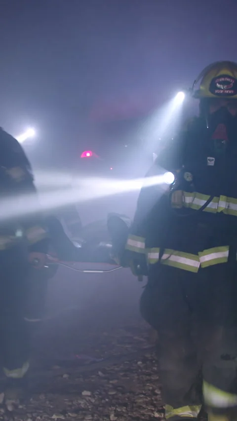 Rescue forces search for survivors inside a dark tunnel using flashlights Stock Footage 321188790
