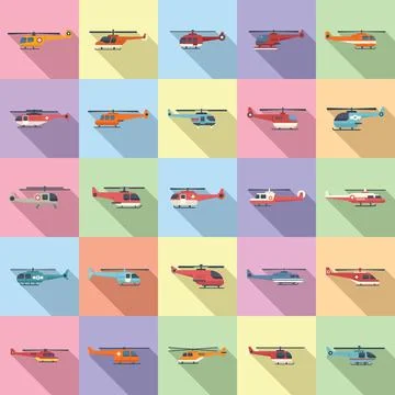 Rescue helicopter icons set flat vector. Air engine Stock Illustration