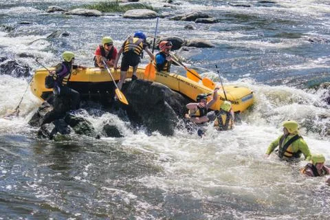 Rescue operation while rafting down Pivdennyi Buh River Stock Photos