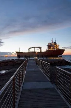 Rescue operations of a beached cargo ship 스톡 사진