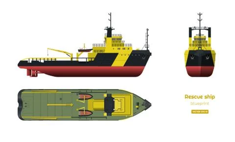 Rescue ship on white background. Top, side and front view. Industry 3d blueprint Stock Illustration