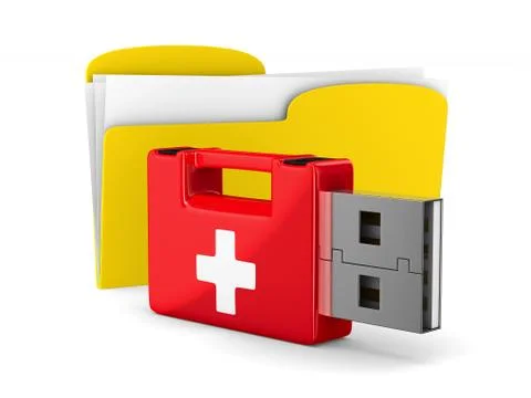 Rescue usb flash drive and folder on white background. Isolated 3D illustrati Stock Illustration