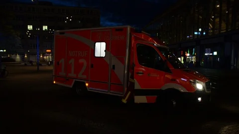 Rescue van of a fire brigade during fire-fighting operations. Feuerwehr. Notruf Stock Footage 107994251