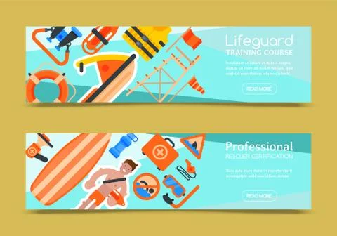 Rescue worker training set of banners vector illustration. Lifeguard equipment Ilustração Stock