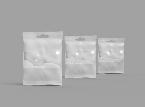 Resealable zip-lock bag with window and hanging hole on light background Stock Illustration