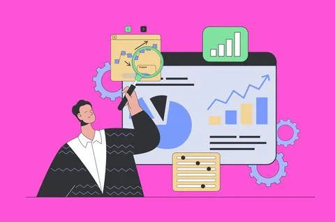 Research analysis concept in modern flat design for web. Man with magnifier m イラスト素材