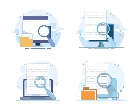 Research analysis set, computer with digital documents, content review. Stock Illustration