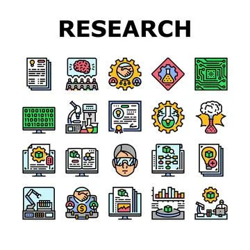 Research and development analysis icons set vector Illustrazione stock