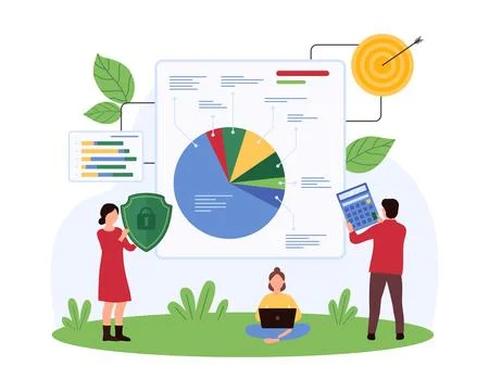 Research and financial analytics data security, tiny people holding calculator Stock Illustration