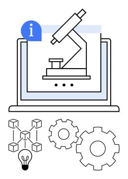 Research and Innovation Concept with Microscope, Laptop, Gears, and Blockch.. Stock Illustration