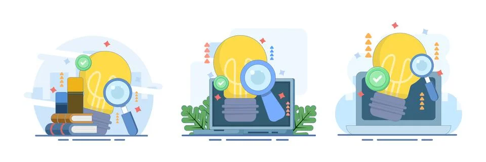Research and innovation set featuring a light bulb Stock Illustration
