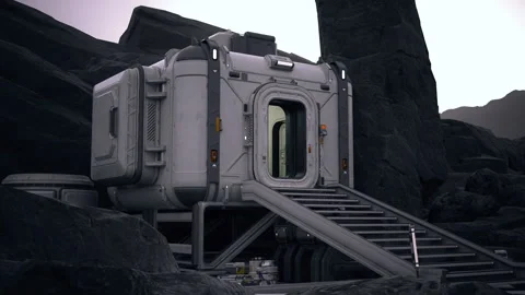 A research and living planetary base, with airlock opening and stairs. Modular Video stock 277230107