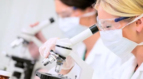 Research Assistants Using Laboratory Microscopes Stock Footage 8959691