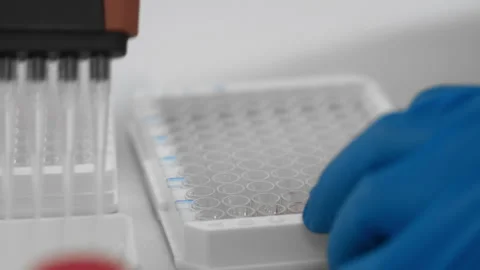 Research of biological samples infected with covid-19 in scientific laboratory Stock Footage 148057172