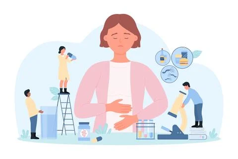 Research into causes of abdominal pain by tiny doctors, female character holding Illustration