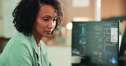 Research, computer and programming with business woman for cybersecurity, 스톡 동영상 330048735