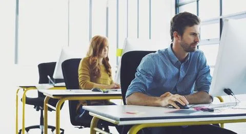 Research, computer or serious man for cybersecurity, app coding or networking in Foto stock