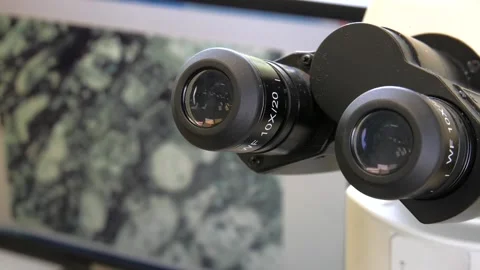 Research core samples. Objective lens of Light Microscope. Stock Footage 100460701