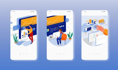 Research data. Dashboard. Data analysis. Mobile app screens, vector website イラスト素材