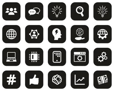 Research &amp; Development Process Icons White On Black Flat Design Set Big 스톡 일러스트