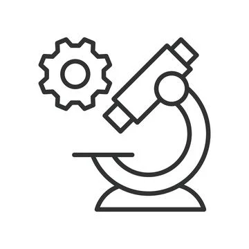 Research engineering icon in line design. microscope, analysis, inspection, gear Stockillustratie