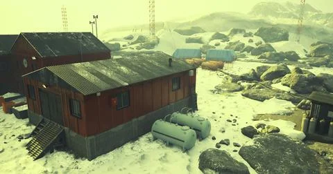 Research facility in a snowy environment surrounded by rocky terrain Stock Illustration
