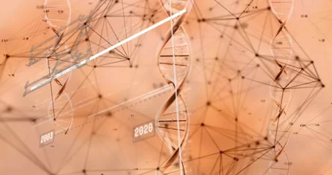 Research graphic diagonal bar sweeping DNA helix, chart highlighting, nodes Stock Footage 331789121