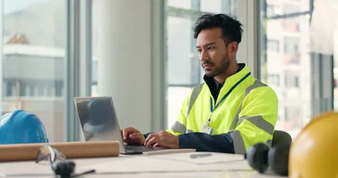 Research, happy man or architect on laptop in office for renovation, engineering Stock Footage 310724415