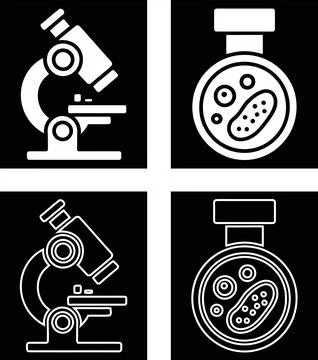 Research Icon Set, Microscope and Bacteria Culture Flask Symbol White on Bl.. Stock Illustration