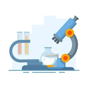 Research implementation concept, Biology and chemistry, microscope and bacteria. Illustrazione stock
