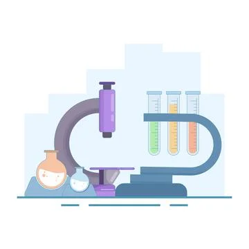 Research implementation concept, Biology and chemistry, microscope and bacteria. Illustrazione stock