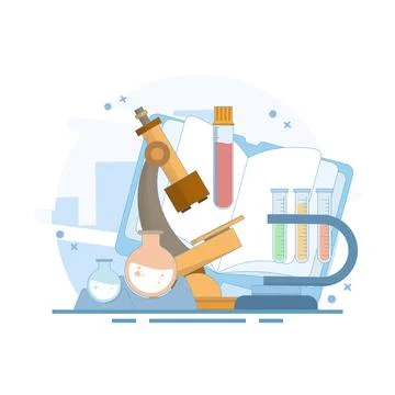 Research implementation concept, Biology and chemistry, microscope and bacteria. Illustrazione stock