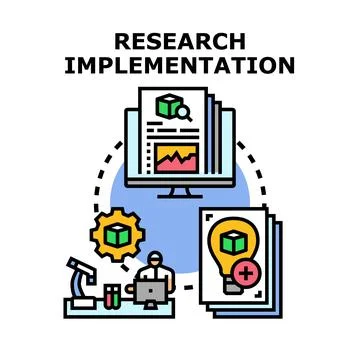 Research implementation process developing new scientific solutions Illustrazione stock