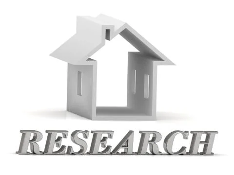 RESEARCH- inscription of silver letters and white house on white background Stock Illustration