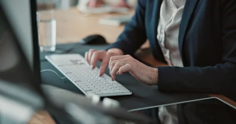 Research, keyboard or hands in office with computer, project review or feedback Stock Footage 341559833
