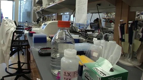 Research lab bench wide shot low angle Vidéo 72014792