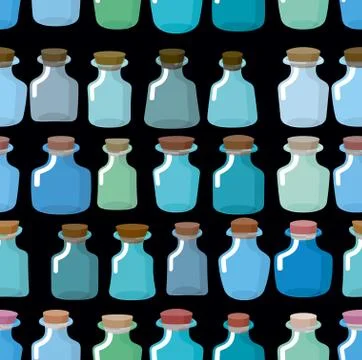Research laboratory bottles seamless pattern. Vector background of glass bott Stock Illustration