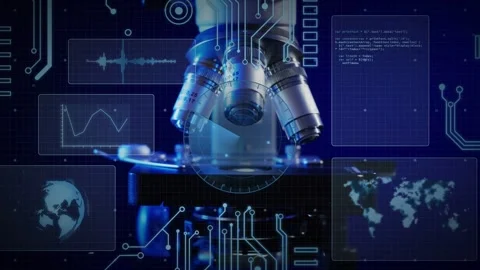 Research microscope rotating and lowering lenses after globe icon glow revealing Stock Footage 335317116