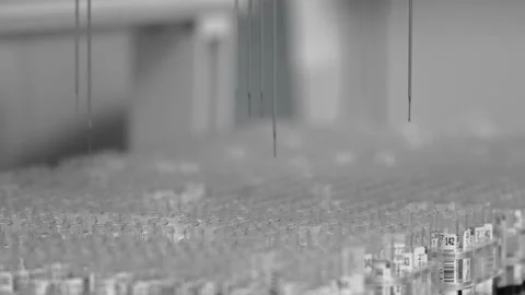 Research of multiple vials of blood samples in medical laboratory using robot Stock Footage 147738492