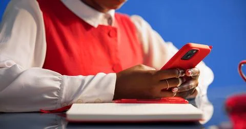 Research, notebook and hands with mobile in office, email notification and .. Stock Photos