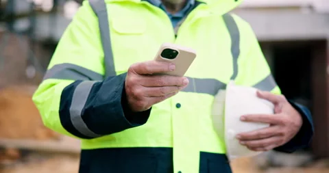 Research, phone and hands of construction worker on site with texting, Vídeos de archivo 337026477