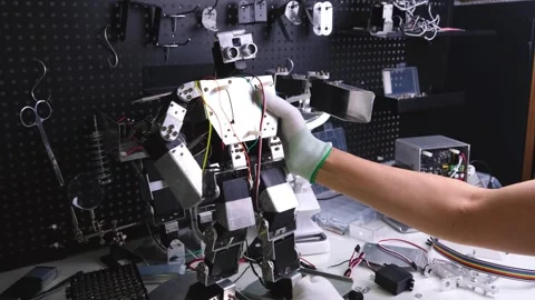 Research robot on the workbench Stock Footage 313834008